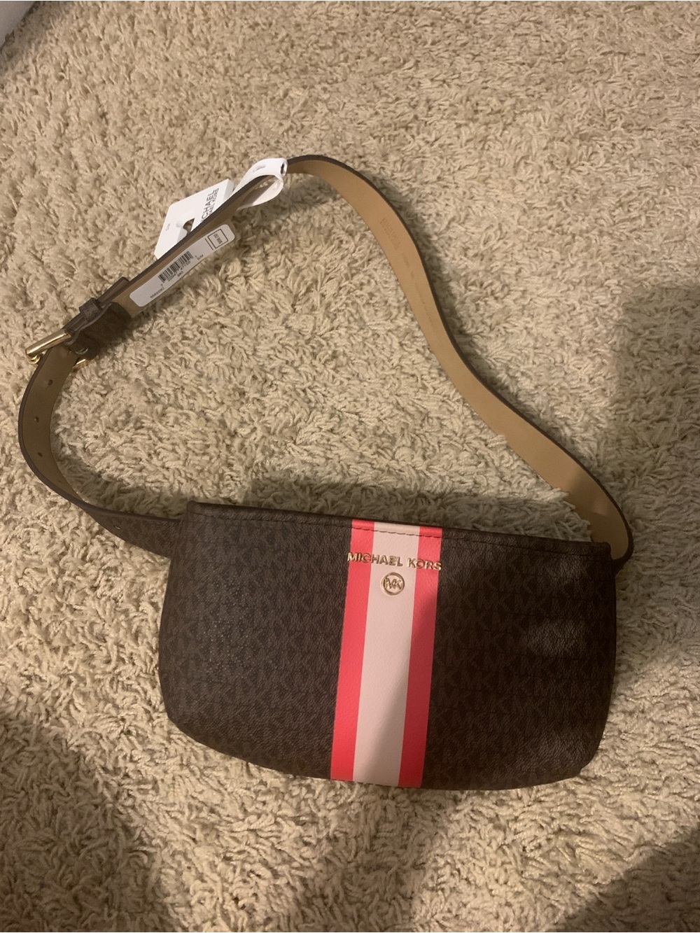 Michael Kors Brown Logo Belt Bag with Pink & Red Center Stripe
